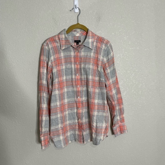 Talbots Plaid Orange Gray Metallic Trim Button Down Shirt XS - Picture 6 of 7